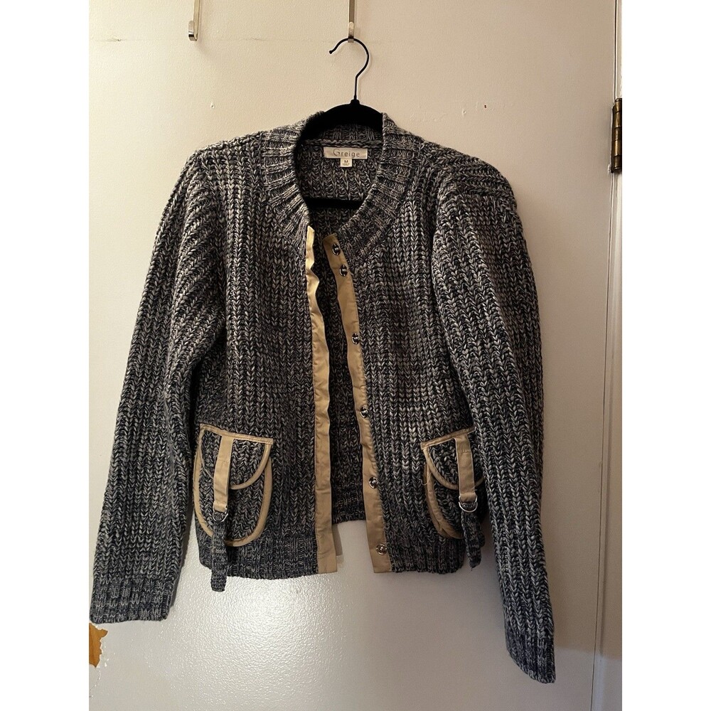 Greige Chunky Knit Button-Up Cardigan with Cargo Trim - Size M